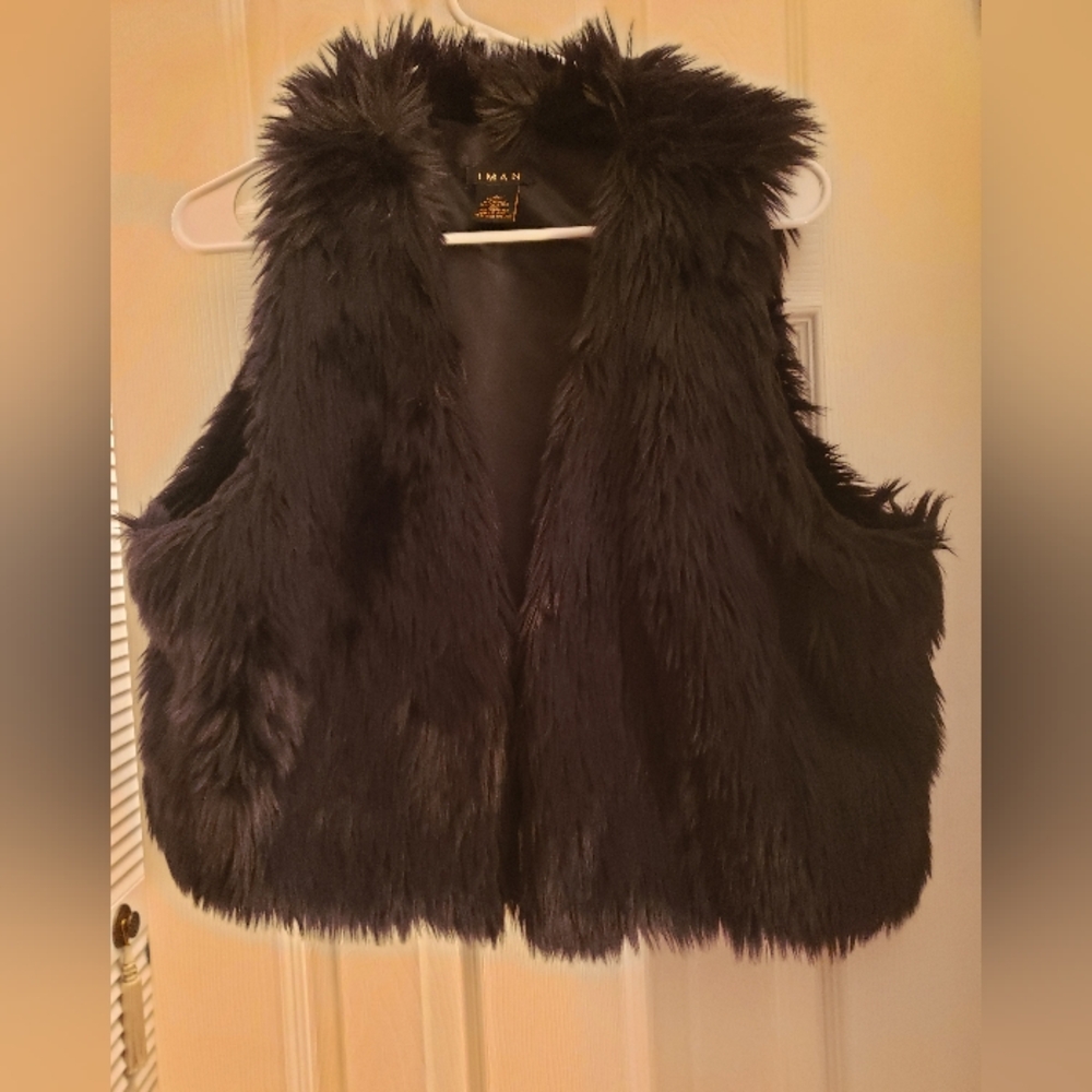Vintage Women's IMAN Faux Fur Vest, Satin Lining, Size L, Black,